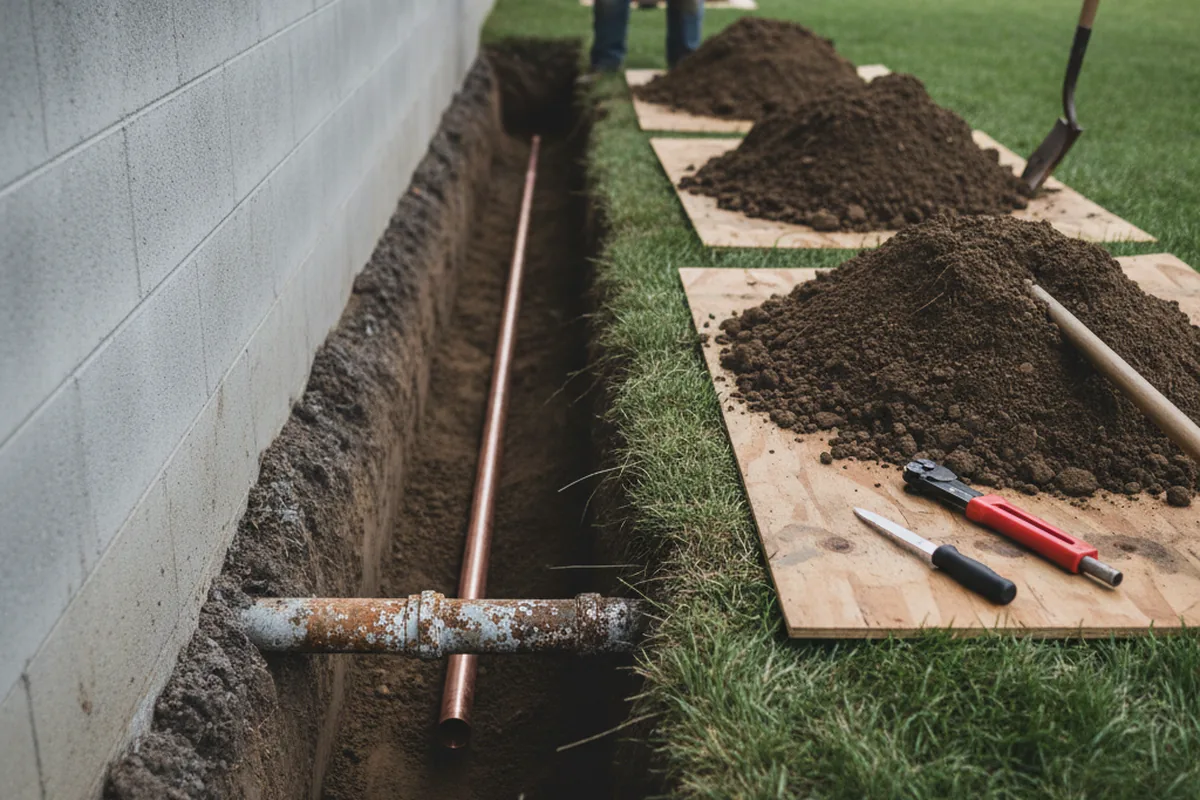 Excavated water line trench during Water Heater Repair in La Salle